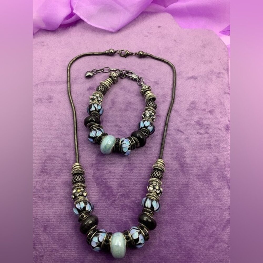 Capital Charms Silver Blue and Black Beaded Bracelet and necklace